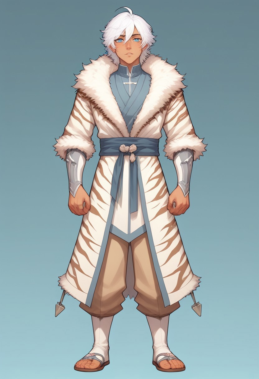 score_9, score_8_up, score_7_up, charturnerv2, sz4d3k, 1boy, even skin tone, cell shaded, male focus, indirect lighting, detailed face, detailed eyes, detailed, Expressiveh, Byakko, white hair, blue eyes, dark skin, white tiger coat, fur trim, wrist clothes, tan pants, sandals, standing, solo, alone, hands, detailed hands, anatomically correct hands, five fingers, NEGATIVE_HANDS