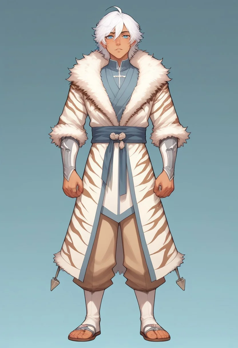 score_9, score_8_up, score_7_up, charturnerv2, sz4d3k, 1boy, even skin tone, cell shaded, male focus, indirect lighting, detailed face, detailed eyes, detailed, Expressiveh, Byakko, white hair, blue eyes, dark skin, white tiger coat, fur trim, wrist clothes, tan pants, sandals, standing, solo, alone, hands, detailed hands, anatomically correct hands, five fingers, NEGATIVE_HANDS