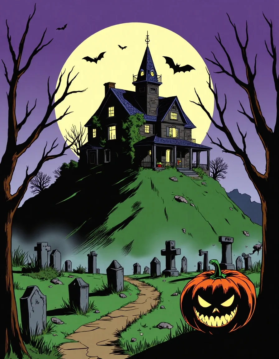 Cartoon_Style_Final, This image is a digital drawing in a style reminiscent of classic American comic books from the mid-20th century. The focus is on a spooky, dilapidated mansion sitting atop a hill, silhouetted against a massive full moon. The house is dark, with broken windows and overgrown vines creeping up its sides. In the foreground, a winding path leads through a misty graveyard, with crooked tombstones and skeletal trees casting long, eerie shadows. A single jack-o’-lantern with a sinister grin glows dimly at the base of the hill. The sky is a deep purple, and bats fly across the moonlit sky. The style features bold outlines and flat, contrasting colors, emphasizing the haunted, creepy atmosphere of Halloween night.