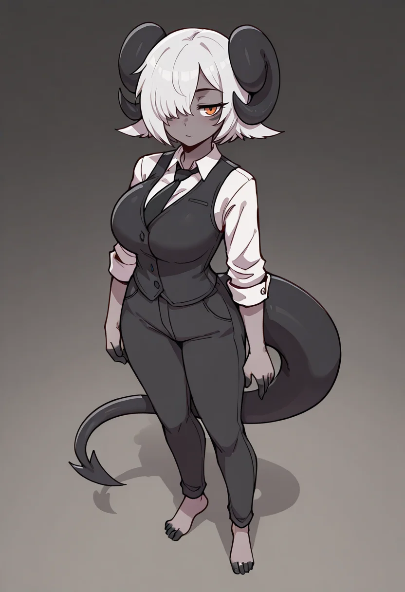 masterpiece, good quality, best quality, very awa, very as2, absurdres, highres, ezracc, 1girl, short female, pale skin, black demon horns, curved horns, black demon tail, orange eyes, white hair, black scales, face markings, painted fingers, painted toes, solo, necktie, horns, shirt, black vest, tail, pants, hair over one eye, white shirt,  <lora:Ezer_Curry:0.8>