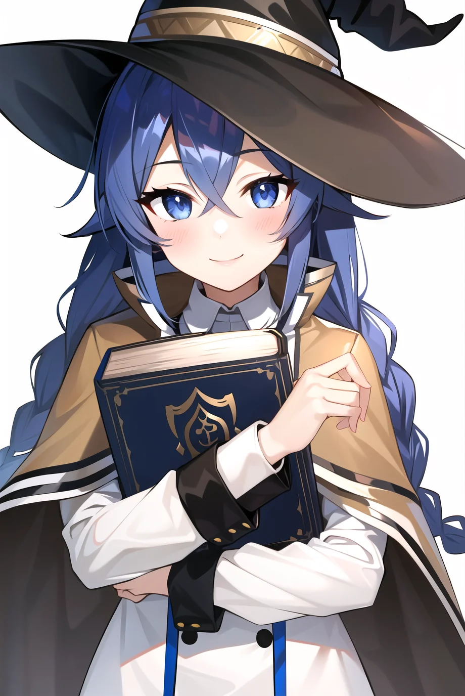 roxy migurdia, 1girl, bangs, blue eyes, blue hair, blush, book, book hug, braid, brown cape, brown capelet, brown headwear, cape, capelet, collared shirt, crossed bangs, dress, hair between eyes, hat, holding, holding book, long braid, long hair, long sleeves, looking at viewer, object hug, shirt, simple background, smile, solo, staff, tsurime, twin braids, upper body, white background, white dress, witch hat, ((masterpiece)), <lora:roxy_migurdia_offset:1>