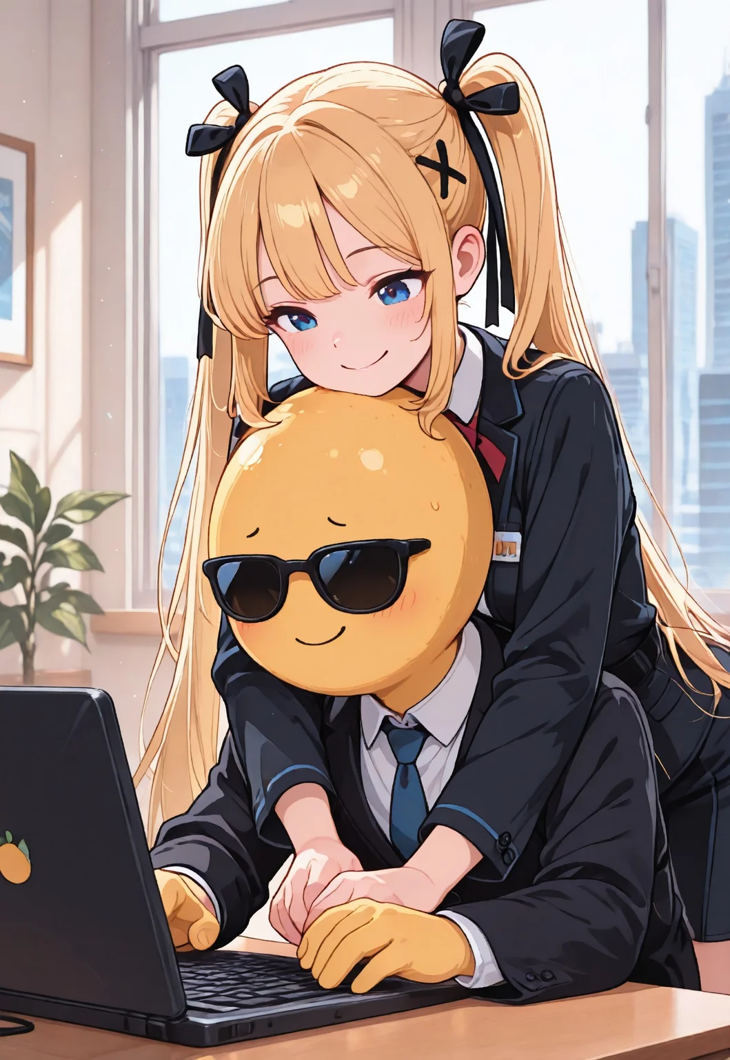 masterpiece, best quality, very aesthetic, absurdres, newest, high quality, 8K, Flatline, Flat vector, illustration, Black outline, Vivid colors, 1boy, CitronLegacy, sunglasses, black suit, lemon head, typing, laptop, hug from behind, 1girl, zzMarie, blue eyes, blonde hair, hair ornament, hair ribbon, long hair, twintails, very long hair, x hair ornament, sexy office girl, cleavage, blush, smile, partner, duo, multiple subjects, office, window,
zzMarie is hugging CitronLegacy from behind. CitronLegacy is typing on his laptop and is enjoying every attention he is getting from zzMarie.