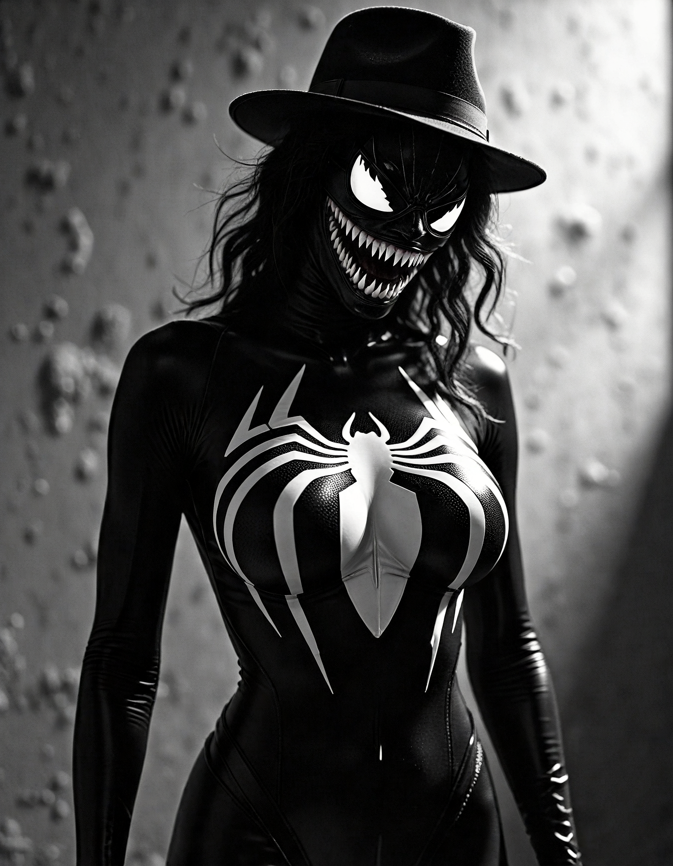 analog film photo a female venom symbiont, large breasts, wearing a skin-tight black symbiotic spider-man suit consisting of black fluid with a white 3d-logo, Venom symbiont alien debris fangs monster open mouth saliva sharp teeth (tentacles tongue:0.5), wearing a fedora and dark sunglasses to hide her glowing eyes, sexy pose, dynamic pose, Silhouette style High contrast minimalistic black and white stark dramatic,Photo by Hasselblad X1D-50c with 18-55mm STM lens ultra intricate details and textures 16k maximum resolution possible 600dpi,Aleksander Gierymski,dramatic lighting,fantasy,Black lighting,depth of field, highly detailed,Psychedelic style Vibrant colors,style by Luis Royo,extremely hyper aesthetic, artstyle by Randy Schueller . faded film, desaturated, 35mm photo, grainy, vignette, vintage, Kodachrome, Lomography, stained, highly detailed, found footage