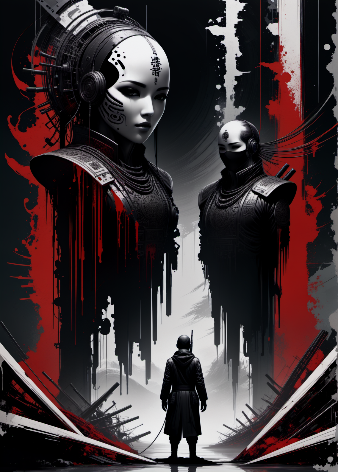 rsmls,a hacker infiltrating a rival company's virtual system,oriental theme,masterpiece,messy,surreal,abstract,high contrast,awardwinning,8k,trending on artstation and deviantart <lora:RussMillsXL:0.8>