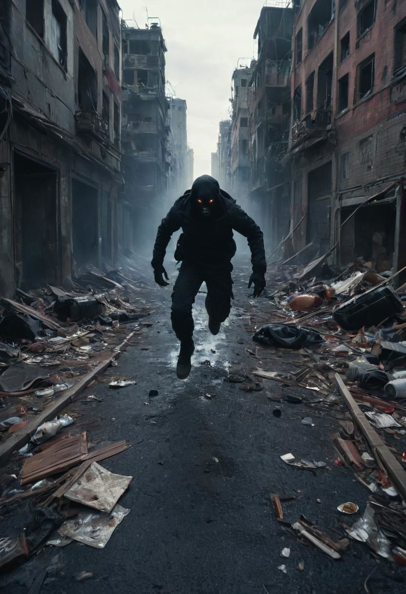 Large DARK abyss above the City, Running through dystopian City, See running hands, Trash, violence, tears, First person, fpv, Large Horror Monster horizon, See hands fpv