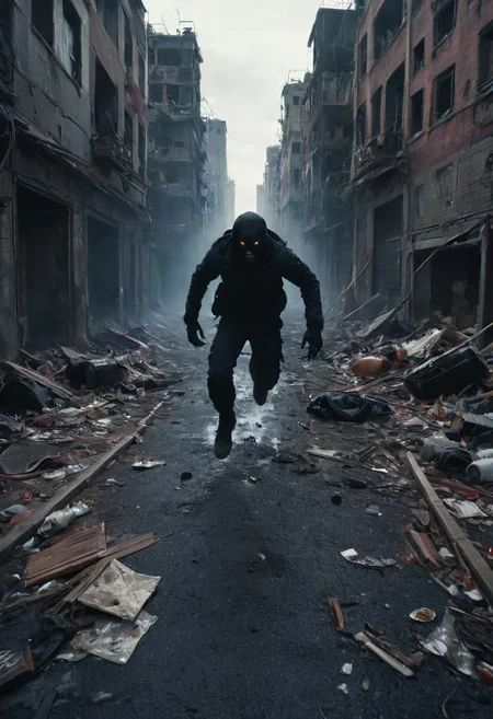 Large DARK abyss above the City, Running through dystopian City, See running hands, Trash, violence, tears, First person, fpv, Large Horror Monster horizon, See hands fpv