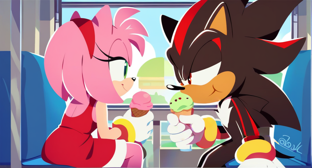 score_9,score_8_up,score_7_up, 1girl, 1boy, hetero, pose, <lora:sonicchannel2-14:0.9>, sonic channel (style),(wide shot), skinny, slim, petite, amy rose, pink fur, red headband, eating, green eyes, ice cream, train, train interior, sitting, red dress, gold bracelet, short hair, white gloves, crowd, looking at another, shadow the hedgehog, red eyes, black fur, smile, sonic (series), half closed eyes
