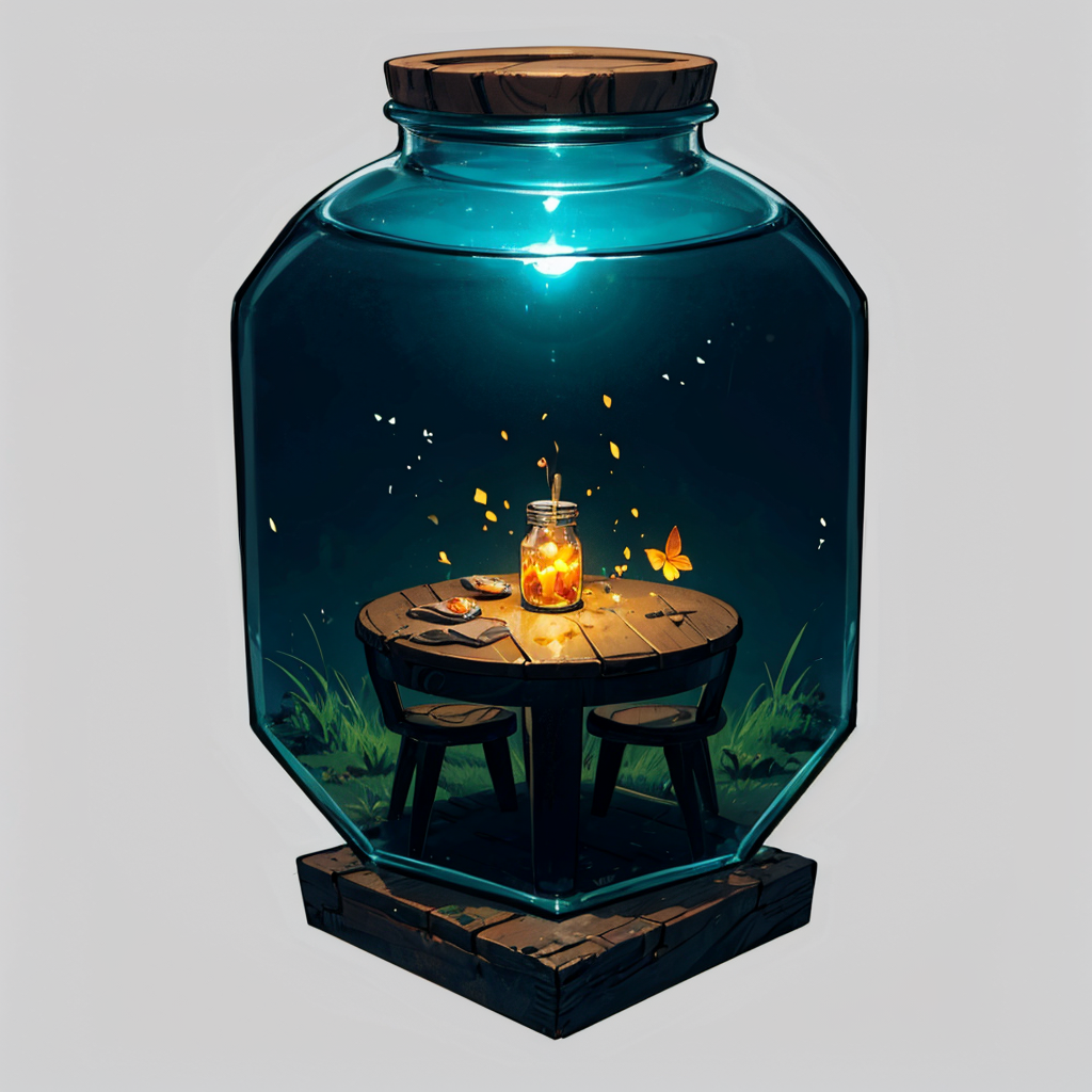 otherworldly, hexagonal composition, glass jar, wooden table, fireflies, night, outdoors, simple background  <lora:hexagon_composition_03:0.6>