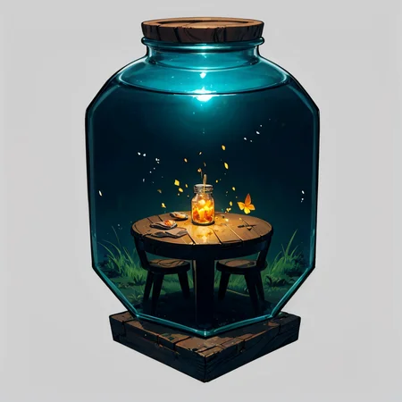 otherworldly, hexagonal composition, glass jar, wooden table, fireflies, night, outdoors, simple background <lora:hexagon_composition_03:0.6>