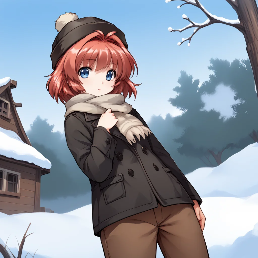 score_9, score_8, score_7, zPDXL3, wide angle shot, solo, 1girl, <lora:Miina_Miyafuji_PXL:1> miina_miyafuji, blue eyes, red hair, short hair, woolen hat, winter clothing, thick coat, wool scarf, thick pants, outdoors, winter, snow, wooden house