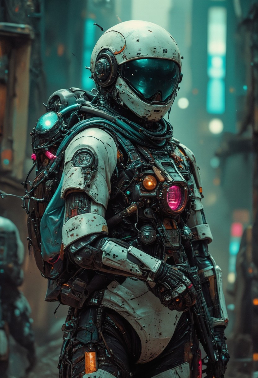 The scene is shrouded in oppressive darkness, punctuated only by the eerie glow of washed-out neon hues—sickly pink, ominous green, and unsettling blue—casting ghostly shadows across a crumbling urban landscape. This highly detailed analog photo captures a nightmarish vision of a dystopian future. A Female Samurai, encased in a bulky, white high-tech spacesuit, stands defiantly. Her helmet and goggles reflect the chaotic environment, hinting at a world teetering on the brink of collapse in Midjourney style.
Clutching a gun, dark energy crackles ominously along its length, thrumming with malevolence as it prepares to unleash devastation. At the barrel’s end, a swirling mass of dark turquoise and sickly pink energy gathers, casting an unsettling light that flickers like a dying star. Her suit is adorned with ragged pockets and frayed straps, a prominent backpack brimming with tangled wires and luminous translucent hoses—an unsettling testament to her perilous journey through this unforgiving landscape.
Volumetric lighting seeps through the cracked remnants of civilization, creating a haunting atmosphere that speaks of desperation and decay. The air is thick with tension, and every shadow seems alive, whispering of the horrors lurking just beyond the edges of the dimly lit scene.