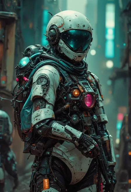 The scene is shrouded in oppressive darkness, punctuated only by the eerie glow of washed-out neon hues—sickly pink, ominous green, and unsettling blue—casting ghostly shadows across a crumbling urban landscape. This highly detailed analog photo captures a nightmarish vision of a dystopian future. A Female Samurai, encased in a bulky, white high-tech spacesuit, stands defiantly. Her helmet and goggles reflect the chaotic environment, hinting at a world teetering on the brink of collapse in Midjourney style.
Clutching a gun, dark energy crackles ominously along its length, thrumming with malevolence as it prepares to unleash devastation. At the barrel’s end, a swirling mass of dark turquoise and sickly pink energy gathers, casting an unsettling light that flickers like a dying star. Her suit is adorned with ragged pockets and frayed straps, a prominent backpack brimming with tangled wires and luminous translucent hoses—an unsettling testament to her perilous journey through this unforgiving landscape.
Volumetric lighting seeps through the cracked remnants of civilization, creating a haunting atmosphere that speaks of desperation and decay. The air is thick with tension, and every shadow seems alive, whispering of the horrors lurking just beyond the edges of the dimly lit scene.