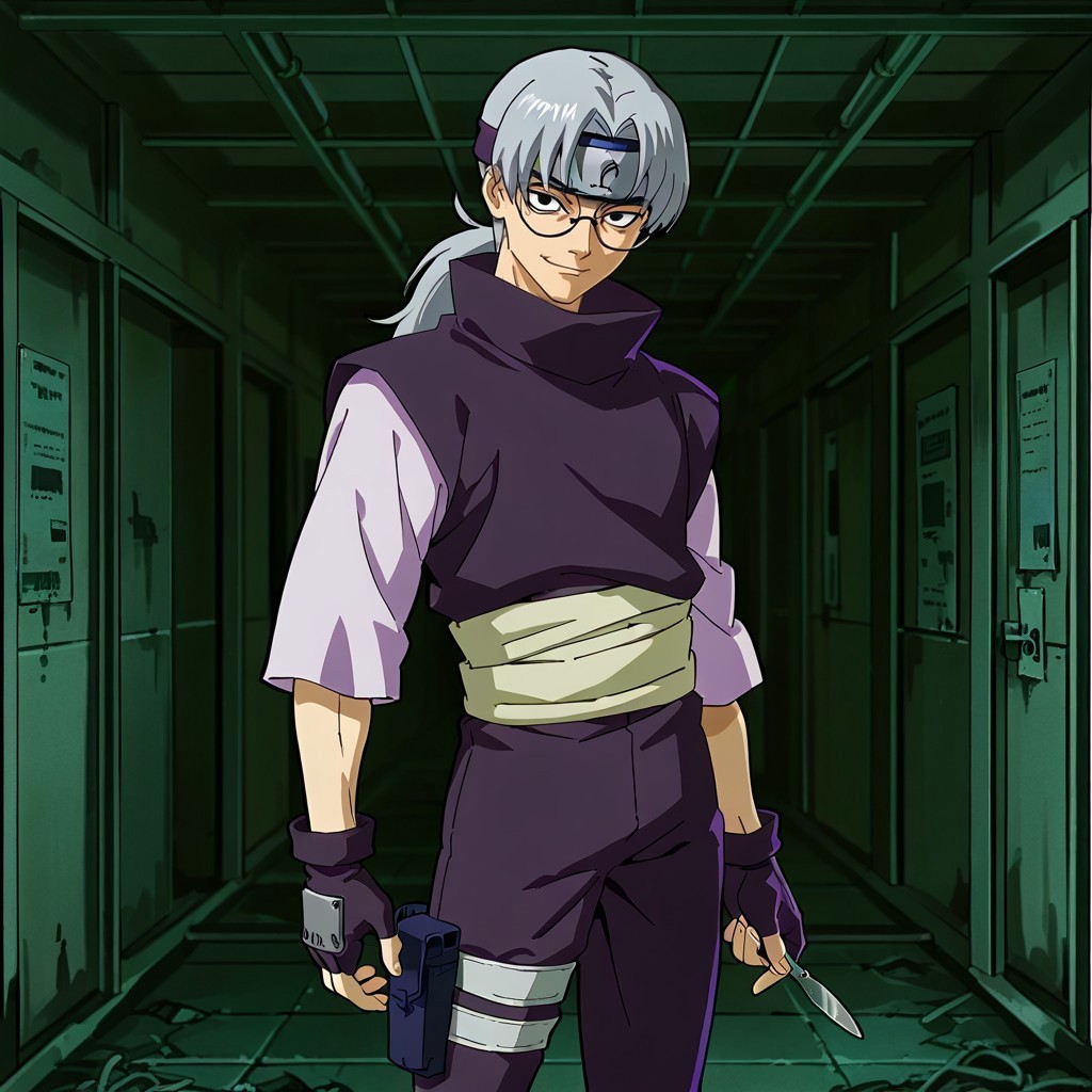 safe_pos, masterpiece, best quality, newest, absurdres, highres, anime, anime style, 1boy, solo, looking at viewer, KabutoYakushi,1boy, solo, glasses, grey hair, black eyes, curtained hair, low ponytail, long hair,  round eyewear,forehead protector, headband, purple shirt with white sleeves, purple pants, blue shoes, sandals, gloves, fingerless gloves, butt pack, leg pouch, waist sash, evil smiling, holding a scalpel in right hand, cowboy shot, Abandoned Hospital setting, dark, darkness,