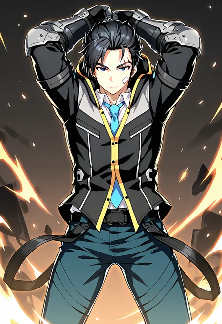 <lora:jinsepatus_IXL:0.7> 1boy,jinsepatsu,black hair,scar,bandaid on face, front view,white shirt,blue necktie, jinclassicoutfit,black jacket,blue pants,belt,hood,arms up
,gauntlets,
,best quality,masterpiece