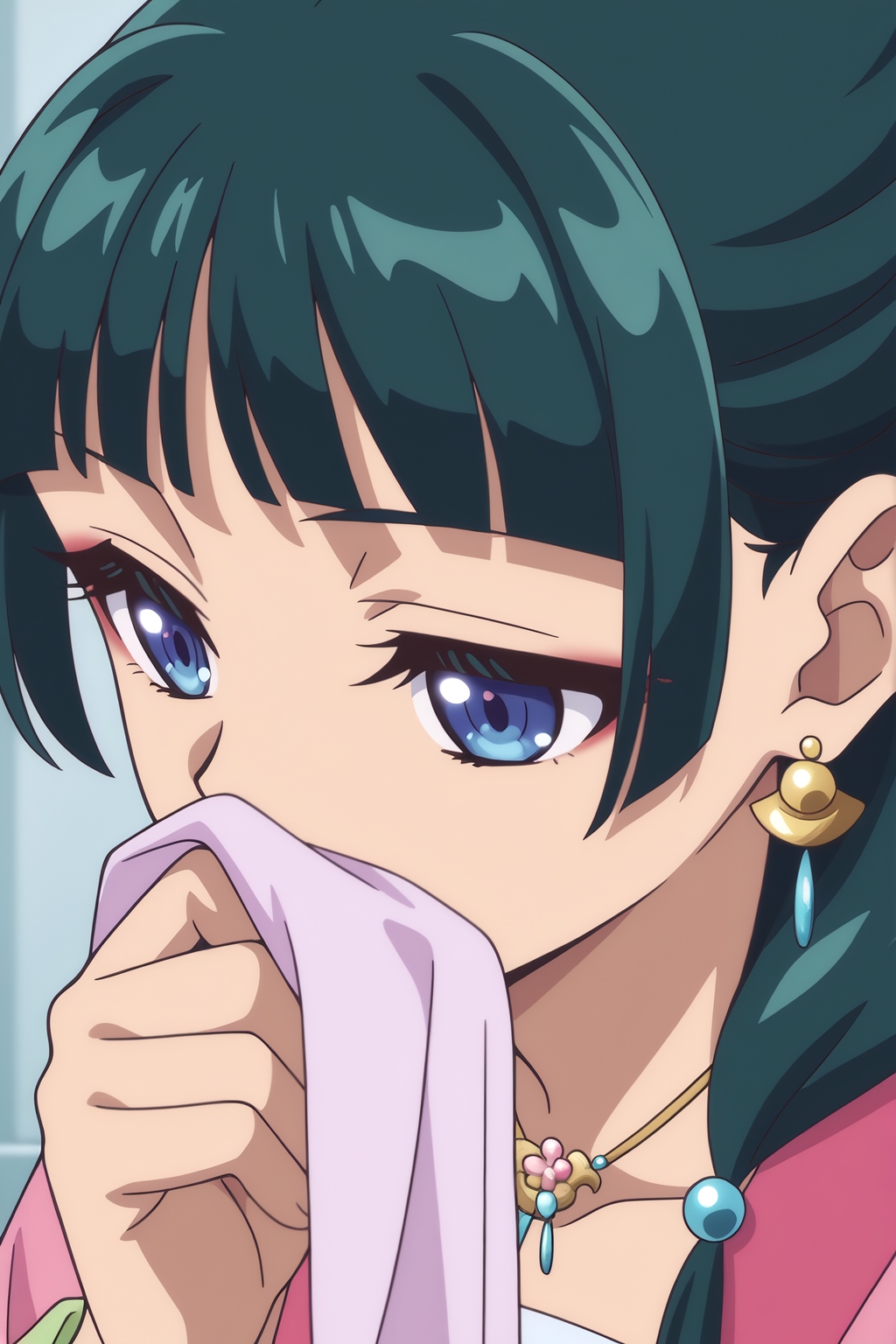 <lora:Maomao:0.8> Maomao, formal pink hanfu, green hair, blue eyes with detailed highlights, neutral expression, straight bangs, gold fan-shaped earrings with turquoise drop pendants, pink robe visible at shoulders, holding light purple napkin/handkerchief to mouth, wiping lips, light blue background, close-up portrait, anime screenshot