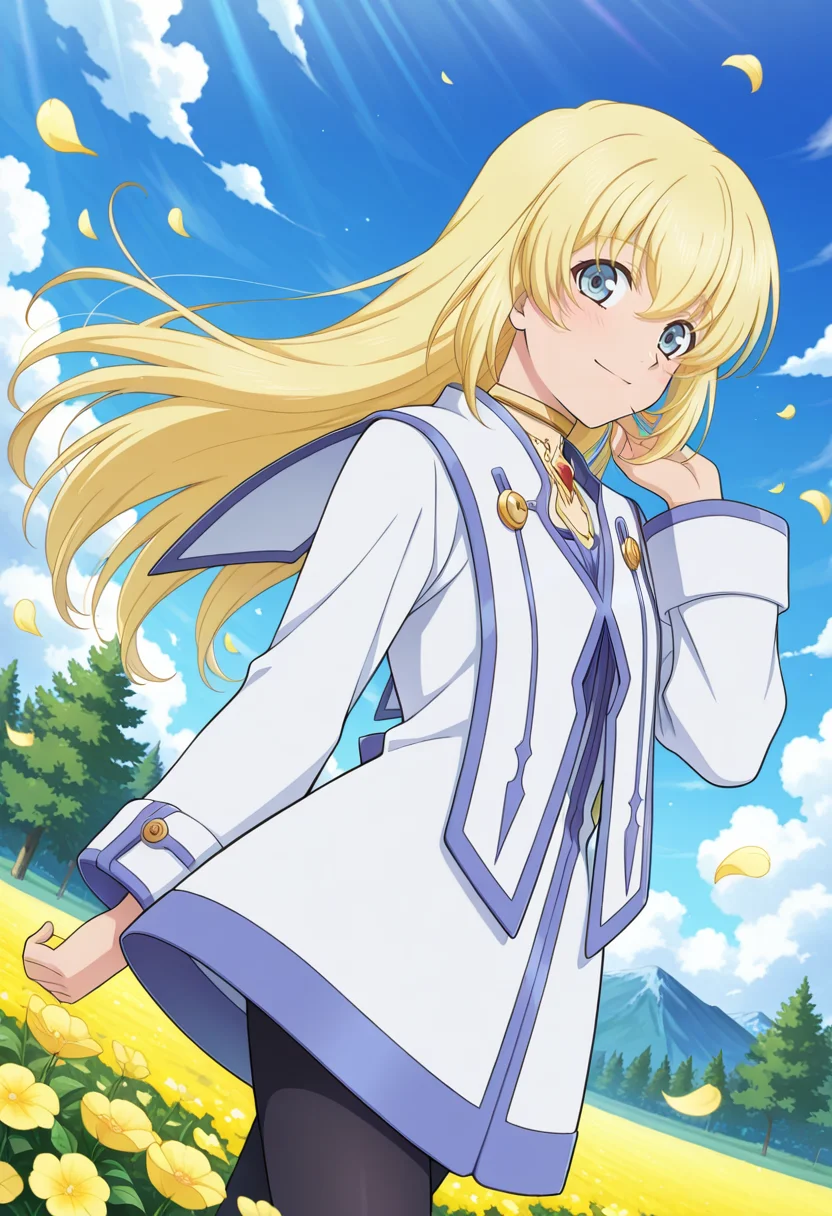 trees, village, field of flowers, flower petals, yellow flowers, clouds, day,
BREAK,
light smile, looking sideways, floating hair, hand on hair,
cowboy shot, dynamic angle,
BREAK,
<lora:coletteXL_illustriousXL_v01:0.9>
colettedef, blonde hair, blue eyes, long hair, hair between eyes,
choker, red gemstone, chest jewel, collarbone,
blue trim, white robe,
pantyhose,, source_anime, very aesthetic, anime coloring, masterpiece,
best quality, amazing quality, ultra detailed, very aesthetic,
detailed background,
BREAK,
