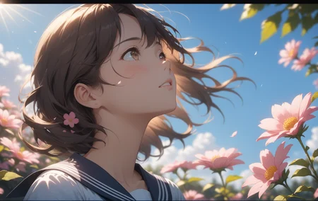 masterpiece, best quality,
1girl, solo, flower, long hair, outdoors, letterboxed, school uniform, day, sky, looking up, short sleeves, parted lips, shirt, cloud, black hair, sunlight, white shirt, serafuku, upper body, from side, pink flower, blurry, brown hair, blue sky, depth of field,
highres, 4k, 8k, intricate detail, cinematic lighting, amazing quality, wallpaper <lora:aesthetic_anime_v1s:1.2>
