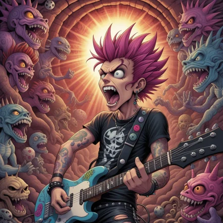 lsd-art, acid-art, trippy,  , scenery, looking at viewer, Punk rocker baseball style head spiked hair playing in guitar screaming into microphone side profile shot whimsical underground art style