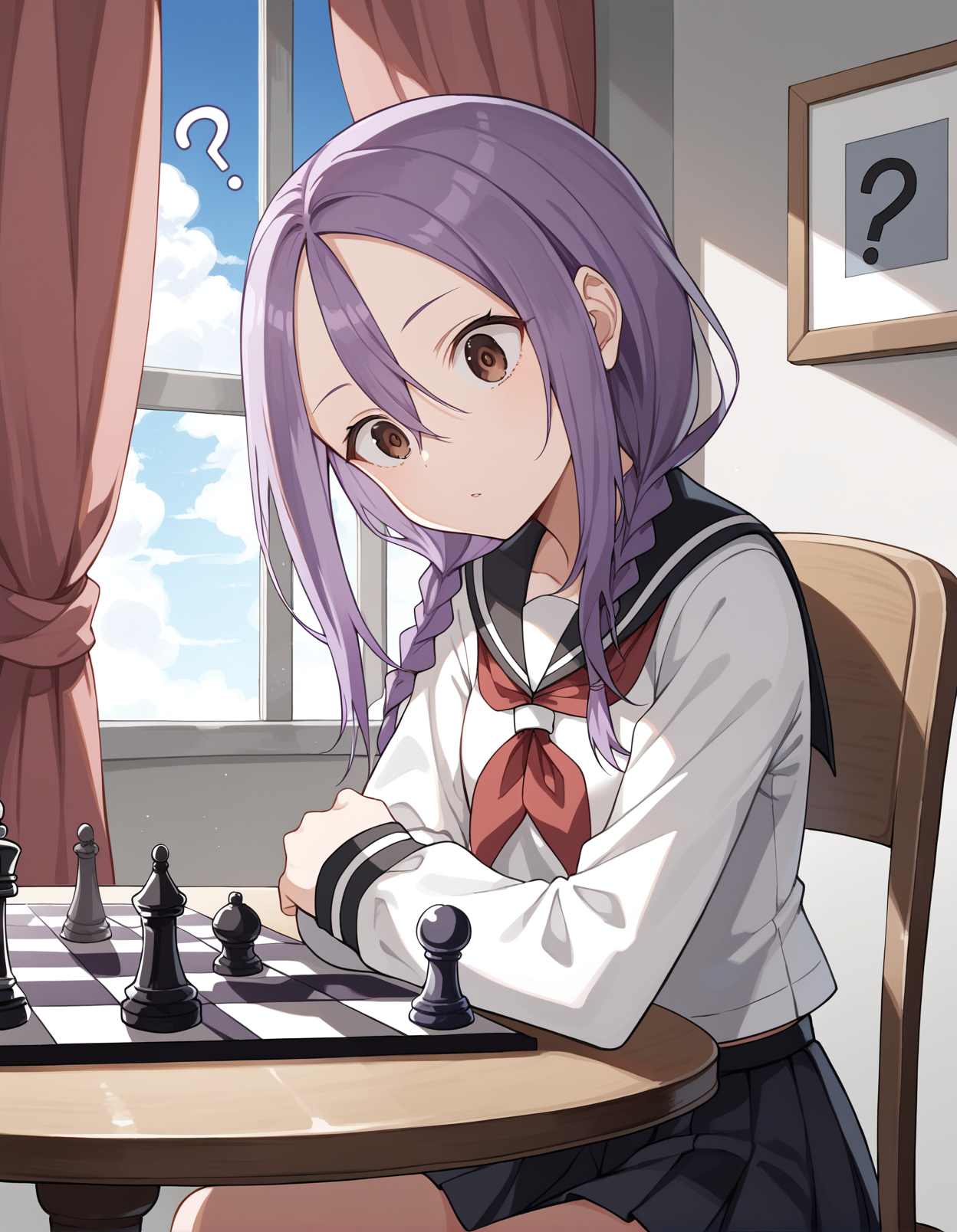 score_9, score_8_up, score_7_up, source_anime, rating_safe, BREAK <lora:urushiYaotome_XL-Pony_LoRA-C3Lier_8-8-8-8_AdamW_Un3e-4_Te1.5e-4_10batch:1>, yaotome urushi, 1girl, purple hair, long hair, hair between eyes, parted bangs, twin braids, low twintails, brown eyes, school uniform, serafuku, white shirt, black sailor collar, red neckerchief, long sleeves, pleated skirt, black skirt, sitting, chair, table, head tilt, ?, ...?, looking down, holding, holding chess piece, chess piece, chessboard, indoors, window, window shade, curtains, sunlight, blue sky, cloud