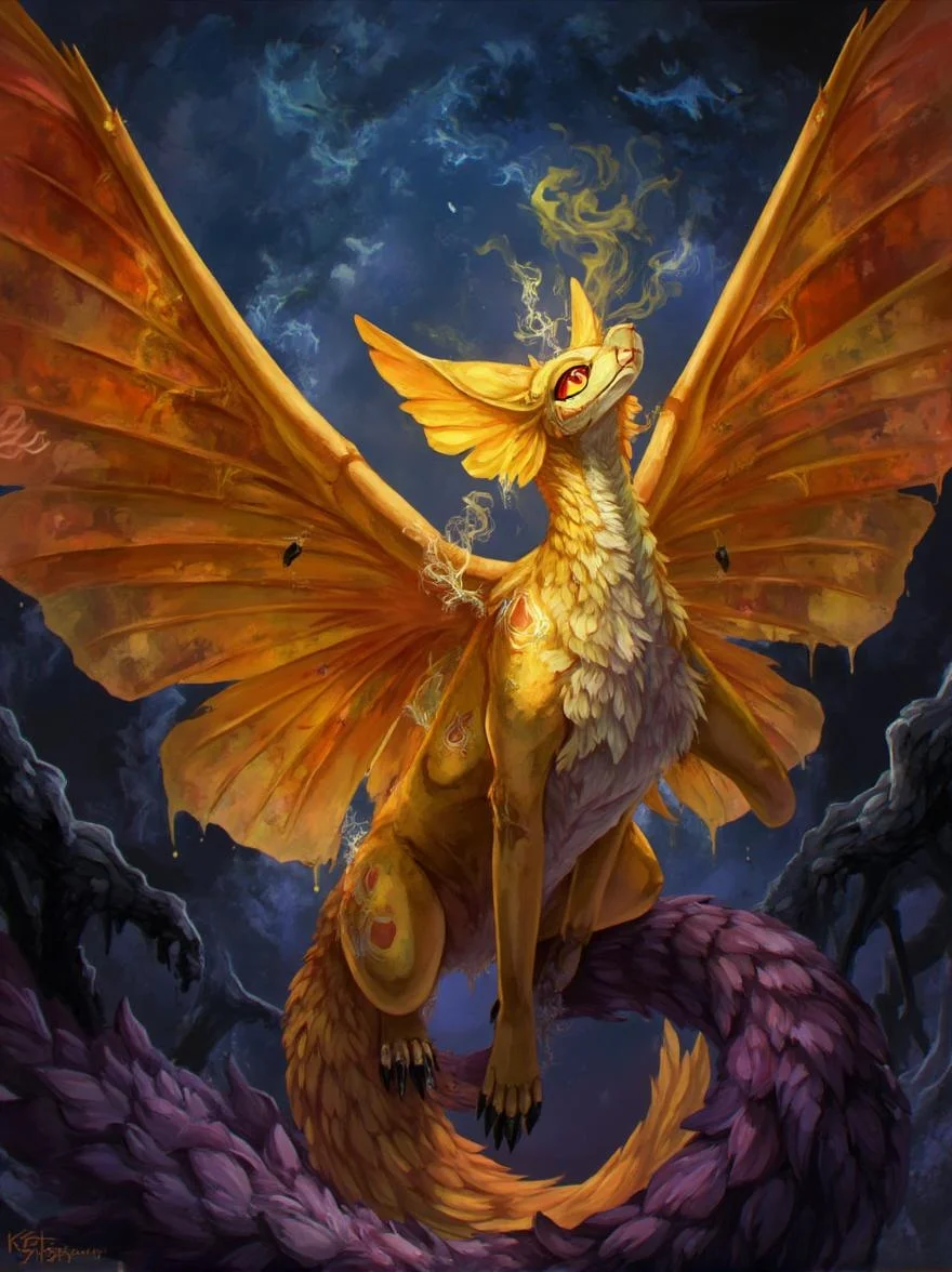 <lora:ck-LttleGhost-000011.safetensors:1> in the style of ck-lttlegh0stIn this breathtaking piece of art, a mesmerizing creature with glowing golden skin and fiery eyes takes center stage. Delicate tendrils of smoke-like energy dance across its body, while intricately rendered silver runes adorn its cheekbones. The wingspan is vast, shimmering with colors that seem to shift like living flames as it beats against an unseen force. The background is a swirling vortex of dark blues and purples, drawing the viewer into the mystical realm depicted. This artwork masterfully blends fiery strokes with mystical flair, showcasing technical prowess and artistic license.