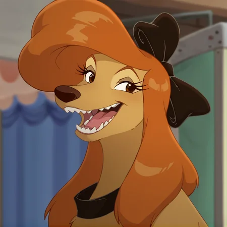 score_9, score_8_up, score_7_up, score_6_up, score_5_up, score_4_up, <lora:Dixie:1>, dixiedog, 1girl, solo, smile, open mouth, teeth, blurry, looking to the side, depth of field, blurry background, hair bow, sharp teeth, portrait, furry, furry female, retro artstyle, anime coloring, dog, body fur, brown fur, animal, brown eyes, black bow, orange hair