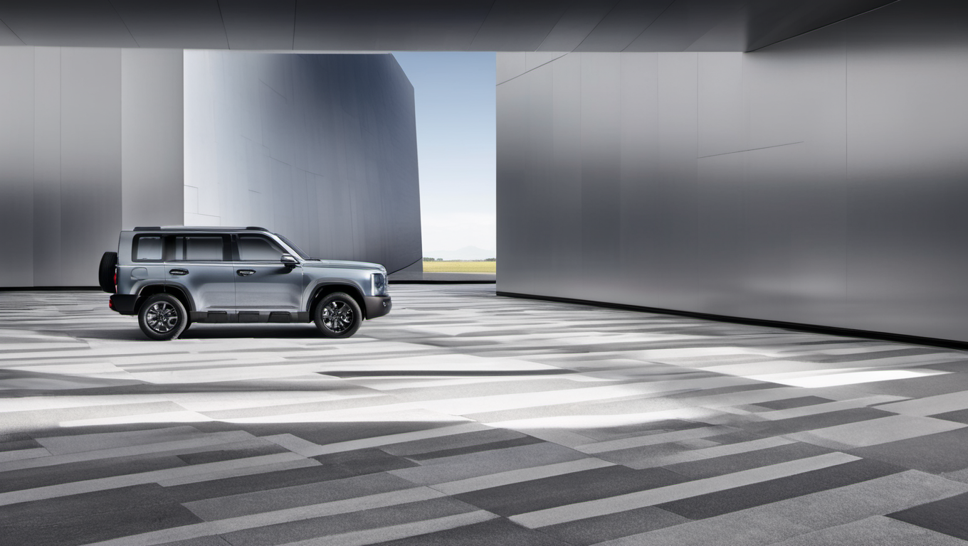 silver Menglong B26 is parked in a modern building with a gray and white checkered floor. the Menglong B26 is facing towards the right side of the image and is parked in front of a gray wall. the building has a glass window and door, and the Menglong B26 is casting a shadow on the floor. the overall scene suggests a contemporary urban setting. photo, realistic <lora:sdxl_menglong_b26_9_16:1.0>