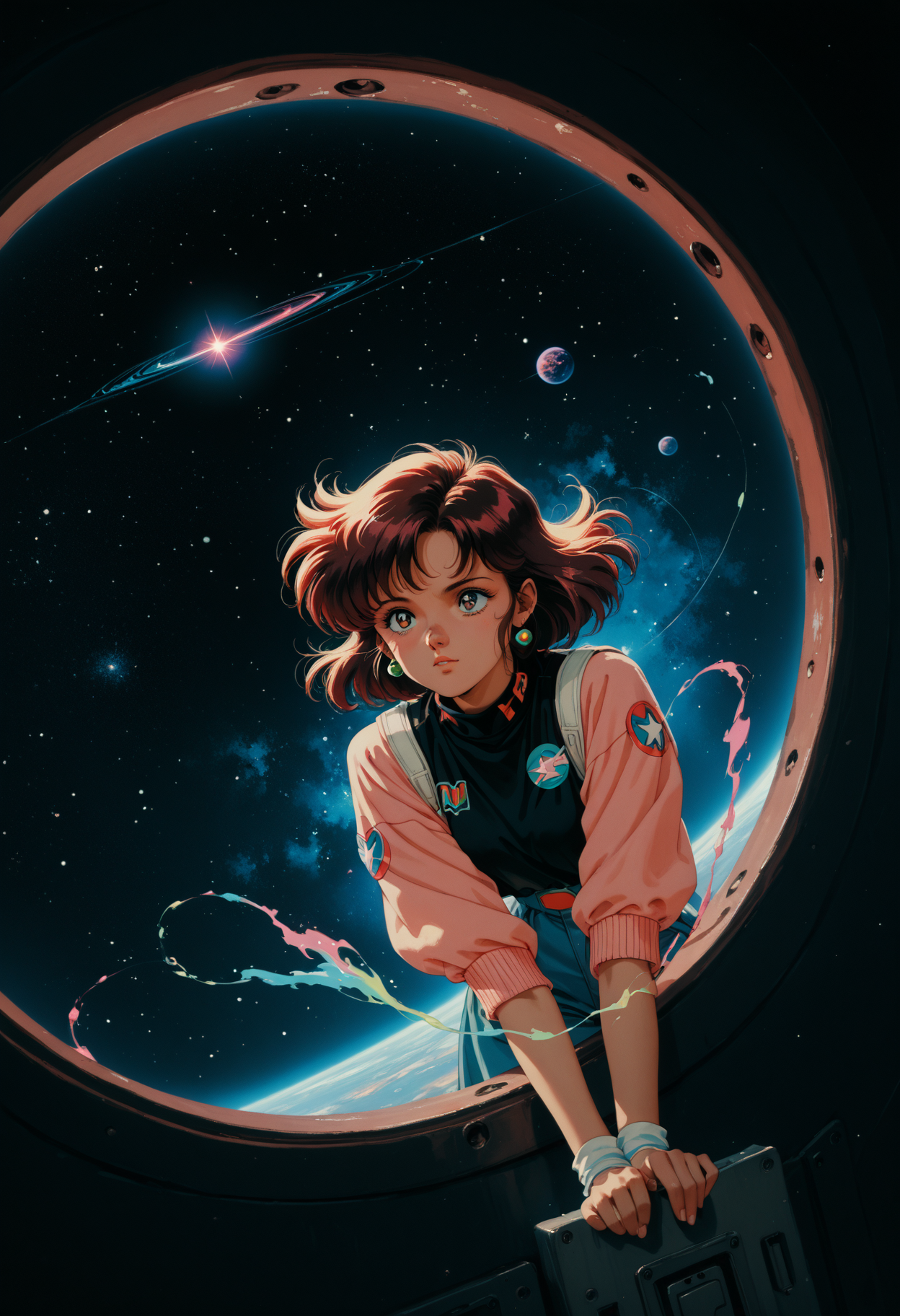 score_9, score_8_up, score_7_up, score_6_up, score_5_up, modernretroanime, anime, 1girl, solo, Colorful , space, black hole, high energy, retro charme,