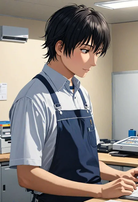 Highres, Masterpiece, High Quality, 4K, Yuusuke Fujisaki, 1boy, solo, black hair, shirt, worker, working, profession, Realistic Light, candid photo