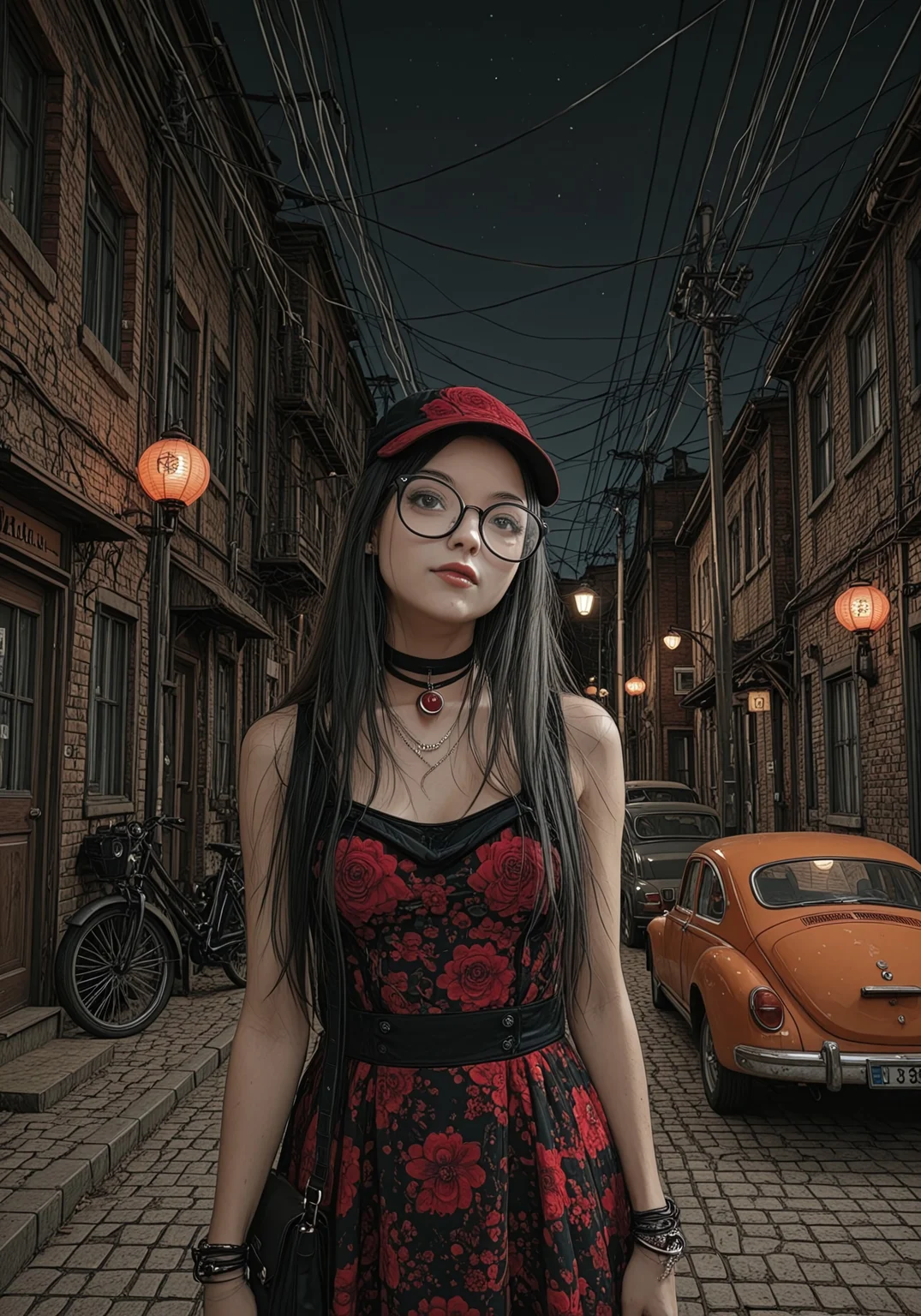 (((ultra detailed, masterpiece, high quality, )))
,
((( Nicialmb2, outdoors, scenery, building, night, dark, road, street, alley, city,))
,
((( Window, lamppost, lantern, ground vehicle, motor vehicle, car, power lines, )))
,
((( Rosalinmb2, long hair, black hair, glasses, jewelry, choker, hat, floral print)))
,
((( 1girl, solo, posing, head tilt)))
,
((( )))
,
((( )))
,
((( )))