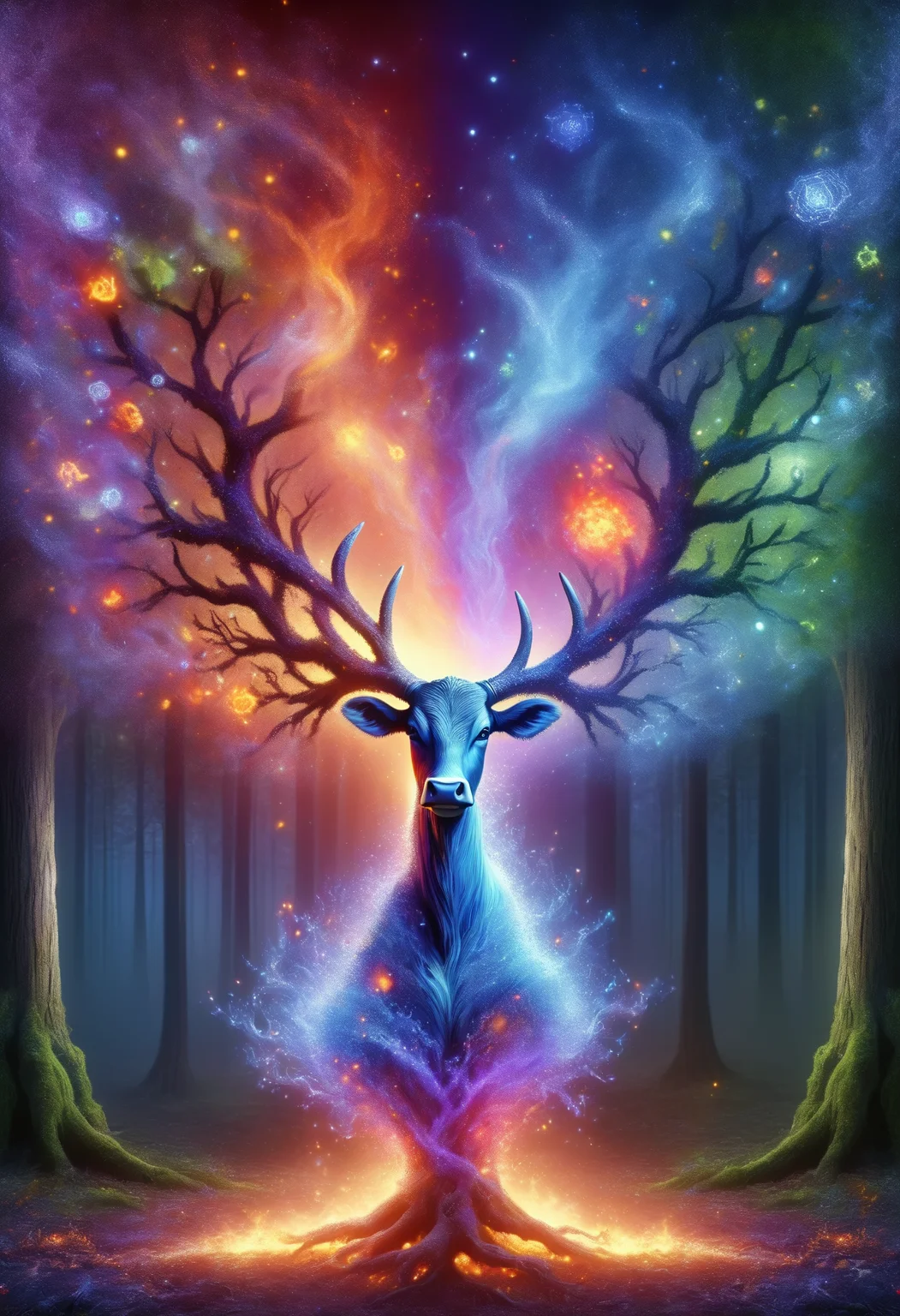 DonMD1g174l4sc3nc10nXL, tree ent, mythical creature, body of a woman, cow tail, bull horns, cow spots, gentle, friendly, large breasts, greek mythology, dreamy,fiery,flaming,baleful,healthy , <lora:DonMD1g174l4sc3nc10nXL-000006:1.2>