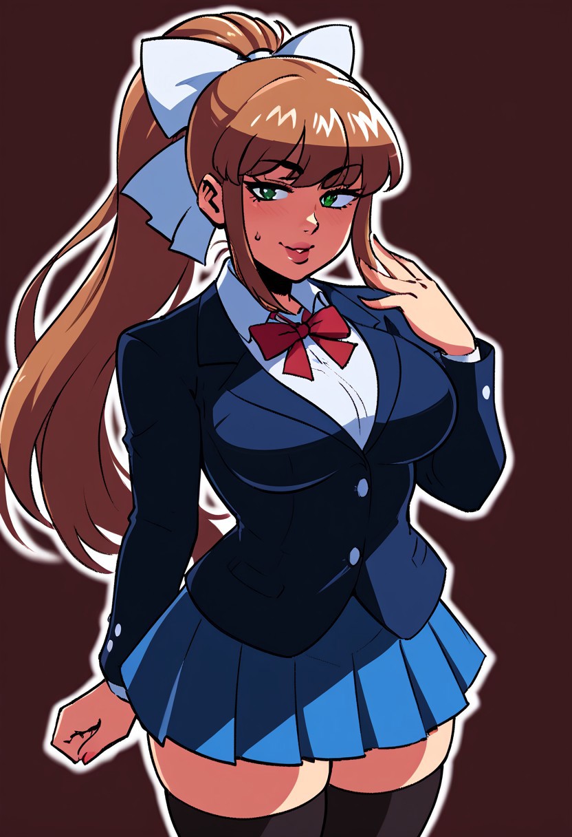 score_9, score_8_up, score_7_up, score_6_up, score_5_up, score_4_up, source_cartoon, <lora:confetti-extract- ponyxl:0.85>, detailed eyes, easynegative, rating_explicit, Expressiveh, 1girl, solo,ceo,  
Monika, very long hair,brown hair,ponytail,hair bow,white bow,hair ribbon, lips, ,white ribbon,sidelocks,bangs,green eyes, school uniform,brown jacket,blazer,wing collar,neck ribbon,red ribbon,white shirt,long sleeves,big breasts,skindentation,blue skirt,pleated skirt,,black thighhighs,