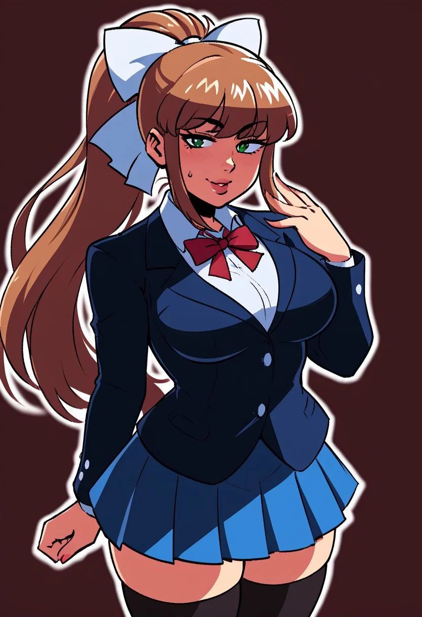 score_9, score_8_up, score_7_up, score_6_up, score_5_up, score_4_up, source_cartoon, <lora:confetti-extract- ponyxl:0.85>, detailed eyes, easynegative, rating_explicit, Expressiveh, 1girl, solo,ceo,  
Monika, very long hair,brown hair,ponytail,hair bow,white bow,hair ribbon, lips, ,white ribbon,sidelocks,bangs,green eyes, school uniform,brown jacket,blazer,wing collar,neck ribbon,red ribbon,white shirt,long sleeves,big breasts,skindentation,blue skirt,pleated skirt,,black thighhighs,