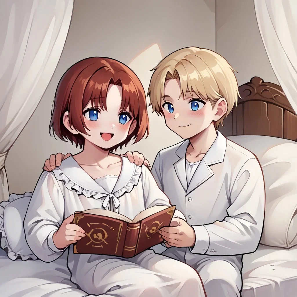 score_9, score_8_up, score_7_up, score_6_up, score_5_up, source_anime, painterly, 2boys, boy A and boy B, 18 years old, ((small body)), (same size), multiple boys, long sleeves, ruffle shirt, lace up, drawstring, large wooden headrest, nice fancy bedroom, (white nightgown:1.1), white nightshirt, [dress], white pajamas, victorian era, sitting up in bed, collarbone, white blankets, canopy bed, leaning back on large pillows, ((big white pillows)), [candlelight], (dark light), reading a book, looking at book, soft warm lighting, (absurd detail), (masterpiece:1.1), (high quality), (4k), (detailed anime, anime artwork), straight hair, holding a large book, reading, close up, cozy, (shoulder to shoulder), resting on pillows, next to each other, on bed, warm light, straight hair <lora:m1n0XLP:0.8> m1n0, ((high_quality)), ((Super_Detailed)), 
BREAK boy A(((light blonde hair)), ((bangs)), hair between eyes, blue eyes, soft smile, closed mouth, [blush], turning head to look at boy B, looking over shoulder, looking at boy B),
BREAK boy B(auburn hair, parted bangs, golden eyes, open mouth, [laughing]),