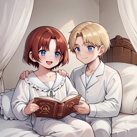 score_9, score_8_up, score_7_up, score_6_up, score_5_up, source_anime, painterly, 2boys, boy A and boy B, 18 years old, ((small body)), (same size), multiple boys, long sleeves, ruffle shirt, lace up, drawstring, large wooden headrest, nice fancy bedroom, (white nightgown:1.1), white nightshirt, [dress], white pajamas, victorian era, sitting up in bed, collarbone, white blankets, canopy bed, leaning back on large pillows, ((big white pillows)), [candlelight], (dark light), reading a book, looking at book, soft warm lighting, (absurd detail), (masterpiece:1.1), (high quality), (4k), (detailed anime, anime artwork), straight hair, holding a large book, reading, close up, cozy, (shoulder to shoulder), resting on pillows, next to each other, on bed, warm light, straight hair <lora:m1n0XLP:0.8> m1n0, ((high_quality)), ((Super_Detailed)), 
BREAK boy A(((light blonde hair)), ((bangs)), hair between eyes, blue eyes, soft smile, closed mouth, [blush], turning head to look at boy B, looking over shoulder, looking at boy B),
BREAK boy B(auburn hair, parted bangs, golden eyes, open mouth, [laughing]),