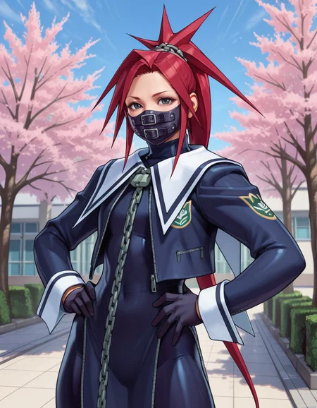 Masterpiece, hires, ((solo)), realistic, newest, detailed face and eyes, absurd detail, awesome picture, detailed skin, Beautiful background, dynamic pose, duch Angle, ((Half body)), school, outside, blossom tree, 1girl, project_zaki, solo, ponytail, long hair, spiked hair, mouth mask, school uniform, ornament chain hair, black glove, black eyes, red hair, pelvic curtain , bodysuite, front view, hands on hips, <lora:Project_Justice_Rival_Schools_-_Zaki_Aoi_Himezaki:0.80>