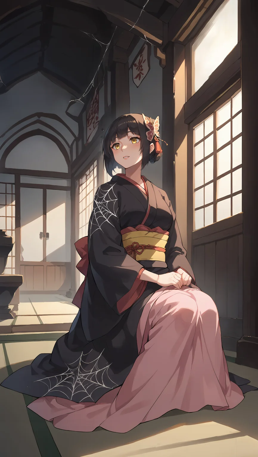 score_9,score_8_up,score_7_up,score_6_up, source_anime, zPDXL, <lora:Mio - Pony-000004:0.8>, woman, short black hair, pink headdress, yellow eyes, black kimono, yellow obi, <lora:Wakfu_CartoonV02:0.5>, <lora:xl_more_art-full_v1:0.5>, (butterfly sitting), japanese house, (interior), abandoned, (surrounded by spider webs), dim lighting, darkness, shadows,