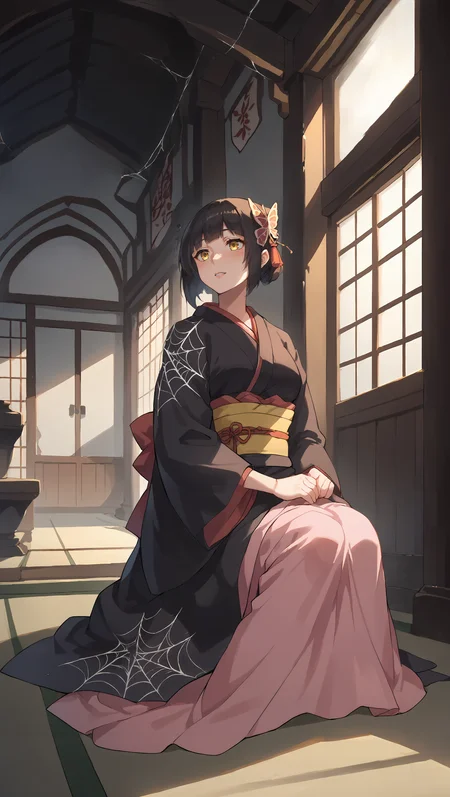 score_9,score_8_up,score_7_up,score_6_up, source_anime, zPDXL, <lora:Mio - Pony-000004:0.8>, woman, short black hair, pink headdress, yellow eyes, black kimono, yellow obi, <lora:Wakfu_CartoonV02:0.5>, <lora:xl_more_art-full_v1:0.5>, (butterfly sitting), japanese house, (interior), abandoned, (surrounded by spider webs), dim lighting, darkness, shadows,
