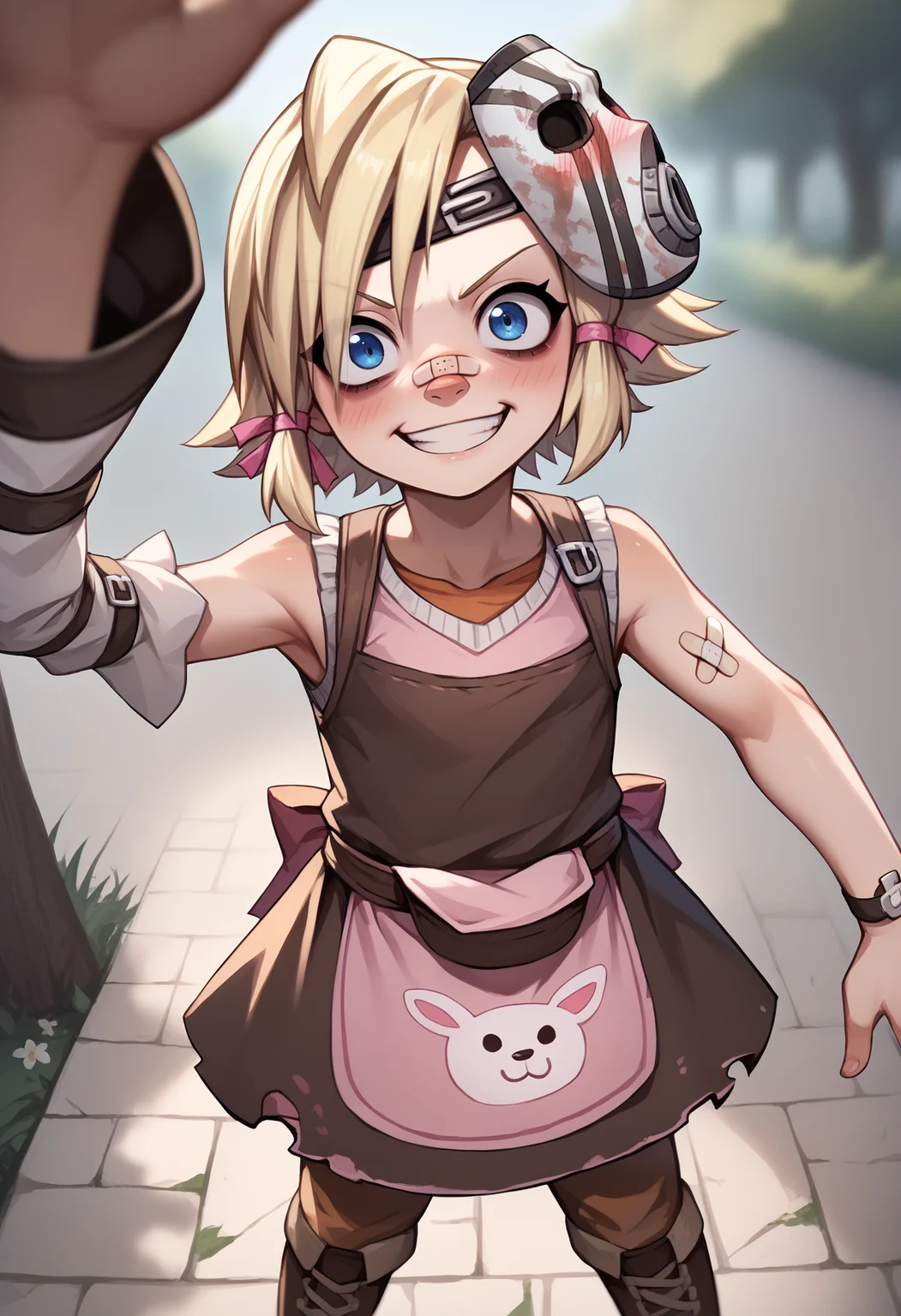 score_9, score_8_up, score_7_up, BREAK
1girl, tinytina, blonde hair, short hair, blue eyes, mask on head, bandaid on nose,
apron, boots, detached sleeves, pants,
grin, crazy, young girl,
kabedonpov, facegrabpov, blush, upper body, looking at viewer, solo, outdoors <lora:TinyTinaXL:1> <lora:GrabbingViewerXL:1>