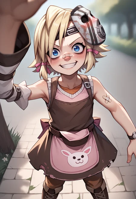 score_9, score_8_up, score_7_up, BREAK
1girl, tinytina, blonde hair, short hair, blue eyes, mask on head, bandaid on nose,
apron, boots, detached sleeves, pants,
grin, crazy, young girl,
kabedonpov, facegrabpov, blush, upper body, looking at viewer, solo, outdoors <lora:TinyTinaXL:1> <lora:GrabbingViewerXL:1>