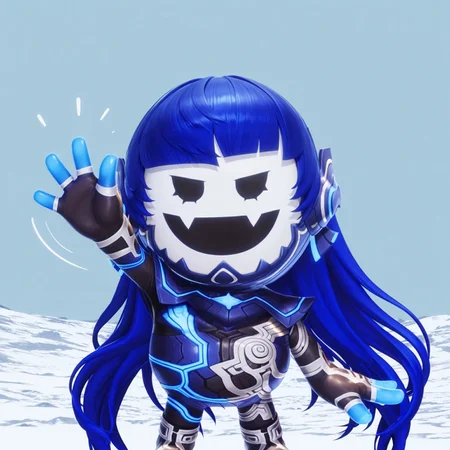 uncensored, masterpiece, best quality, highly detailed, realistic, solo, Nahobeeho, humanoid, ambiguous gender, blue hair, very long hair, hime cut, black eyes, mob face, flesh fangs, white body, white skin, blue bodysuit, multicolored bodysuit, full body suit, blue fingers smile, open mouth, side view, upper body, close-up. waving, 4 fingers, snow, simple background