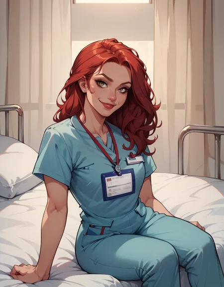 score_9, score_8_up, score_7_up, score_6_up, best quality, 1girl, long red hair, lipstick, hud_scrbs, short sleeves, shirt, pants, lanyard, pocket, <lora:modern_nurse-000008:0.8>, hospital, sitting on bed, light smile,