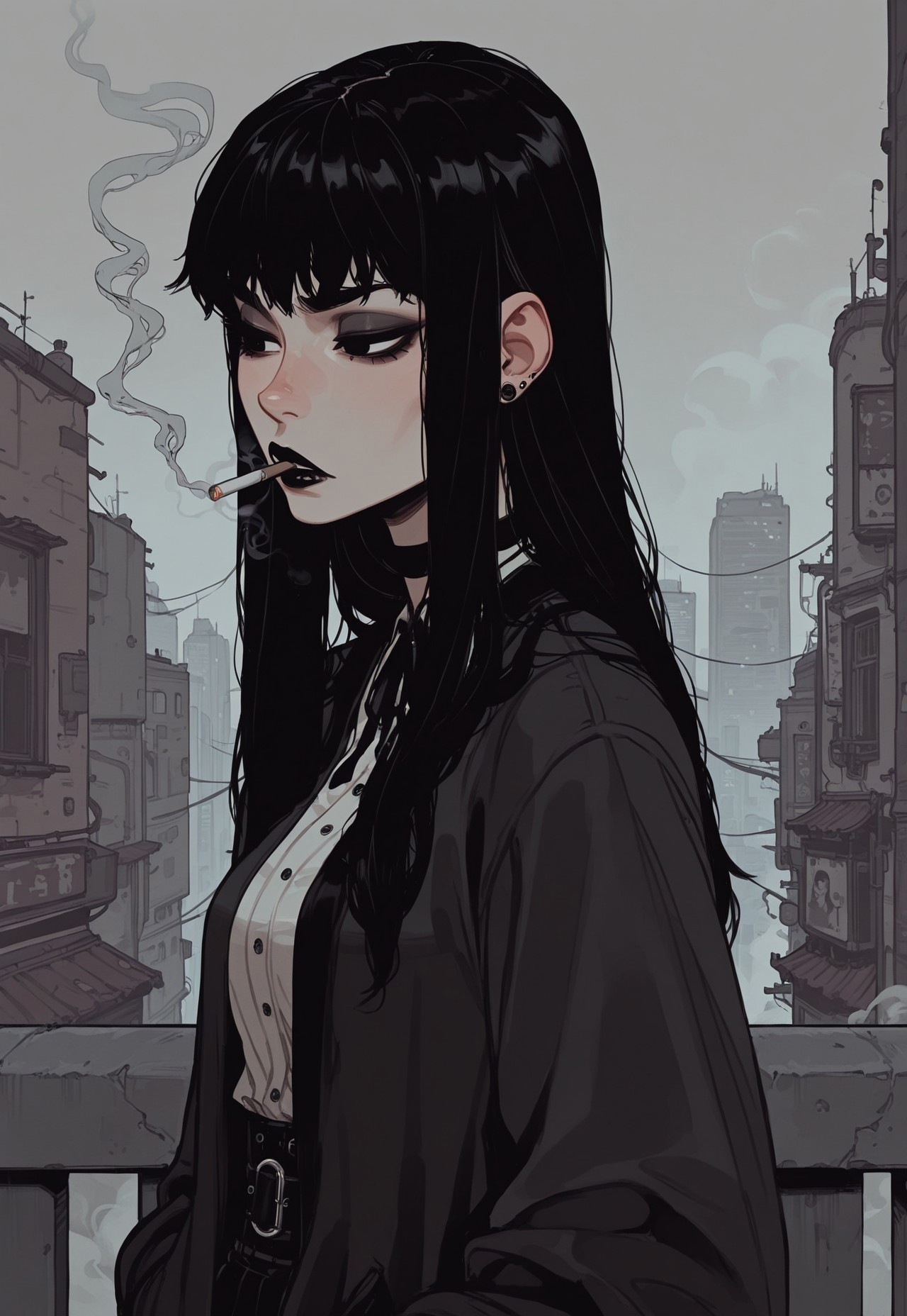 score_9, score_8_up, score_7_up, masterpiece, best quality, very aesthetic, detailed face, (dynamic:1.1), incoth, (incase:0.6), 1girl, black hair, long hair, black eyes, asian, goth, smoking, cigarette, outside, city, light, smoke, 