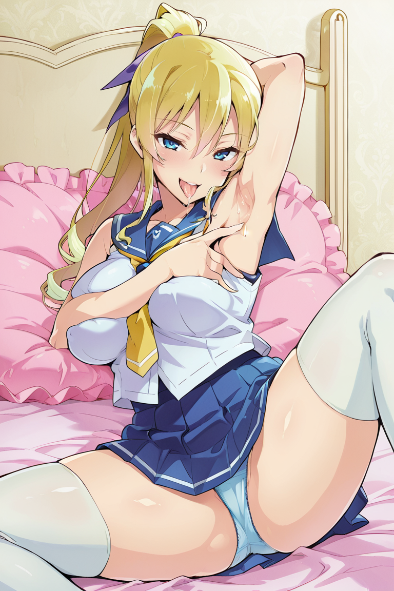 masterpiece , source_anime  , , 1girl, solo, thighhighs, breasts, skirt, large breasts, ponytail, blonde hair, blue eyes, pillow, long hair, hair ribbon, white thighhighs, school uniform, ribbon, , panties, pleated skirt, looking at viewer, serafuku, underwear, bed, smile, on bed, sleeveless, blue skirt, naughty face, bare shoulders, open mouth, sitting, spread legs, legs apart, (spread armpit:1.2) , tongue out, saliva