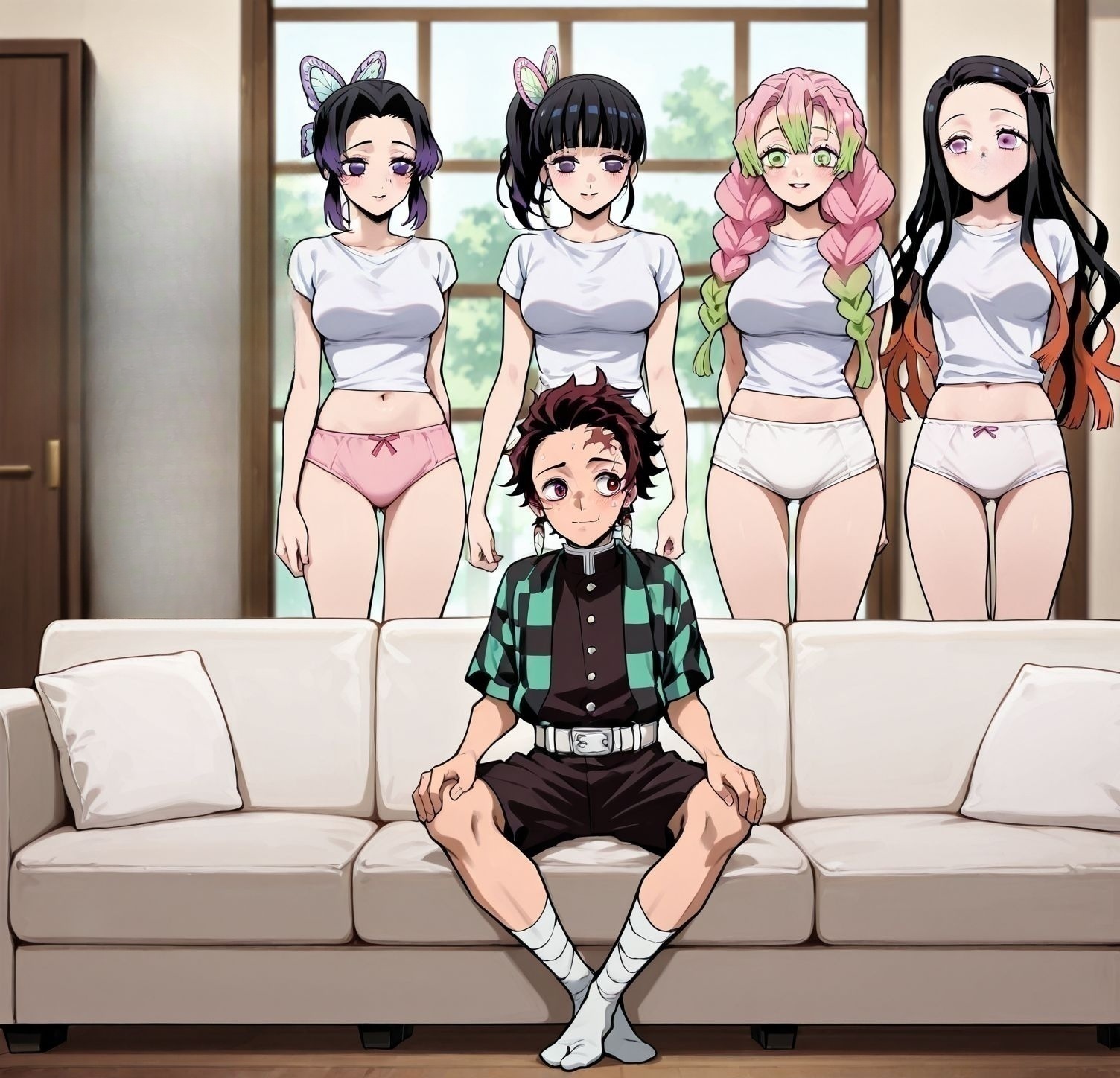 masterpiece, best quality, newest, absurdres, highres, detailed eyes, beautiful, detailed background, perfect eyes, anime coloring, anime screencap,
<lora:Piper_Perri_surrounded:0.8>Piper_Perri_surrounded,
Piper Perri surrounded ,   wide shot,
surrounded by five  female,5girls,1boy,
shirt,shorts,full body,underwear only, standing female, 
a boy sitting cross-legged on the couch,
both legs folded and crossed in front of her body,
(6girls:-1),
BREAK
Tsuyuri Kanao,
kansaki aoi, 
Kanroji Mitsuri,
kochou shinobu, 
 Kamado Nezuko,
kamado tanjirou,