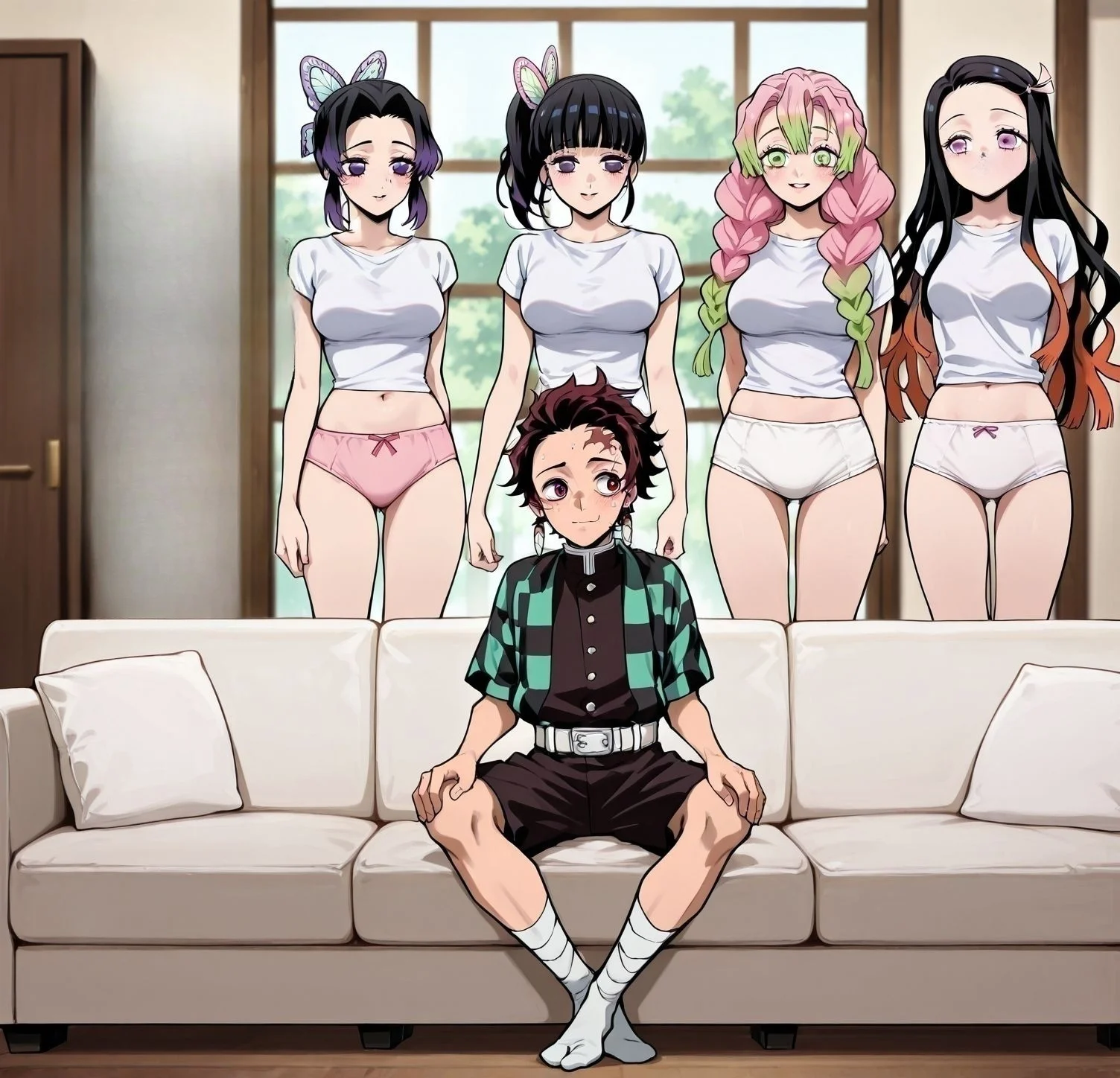 masterpiece, best quality, newest, absurdres, highres, detailed eyes, beautiful, detailed background, perfect eyes, anime coloring, anime screencap,
<lora:Piper_Perri_surrounded:0.8>Piper_Perri_surrounded,
Piper Perri surrounded ,   wide shot,
surrounded by five  female,5girls,1boy,
shirt,shorts,full body,underwear only, standing female, 
a boy sitting cross-legged on the couch,
both legs folded and crossed in front of her body,
(6girls:-1),
BREAK
Tsuyuri Kanao,
kansaki aoi, 
Kanroji Mitsuri,
kochou shinobu, 
 Kamado Nezuko,
kamado tanjirou,