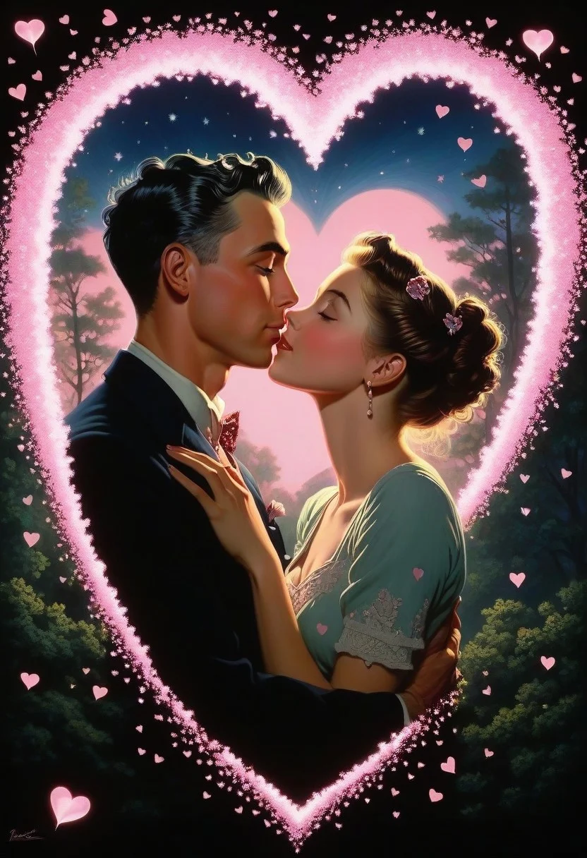 Romantic scene, moonlit night, fireflies, hearts, pink hue, glow, DMT, dream, LSD trip, magical, enchanted, Norman Rockwell, highly detailed, masterpiece, detailed face, a couple in love, love is in the air, romantic,