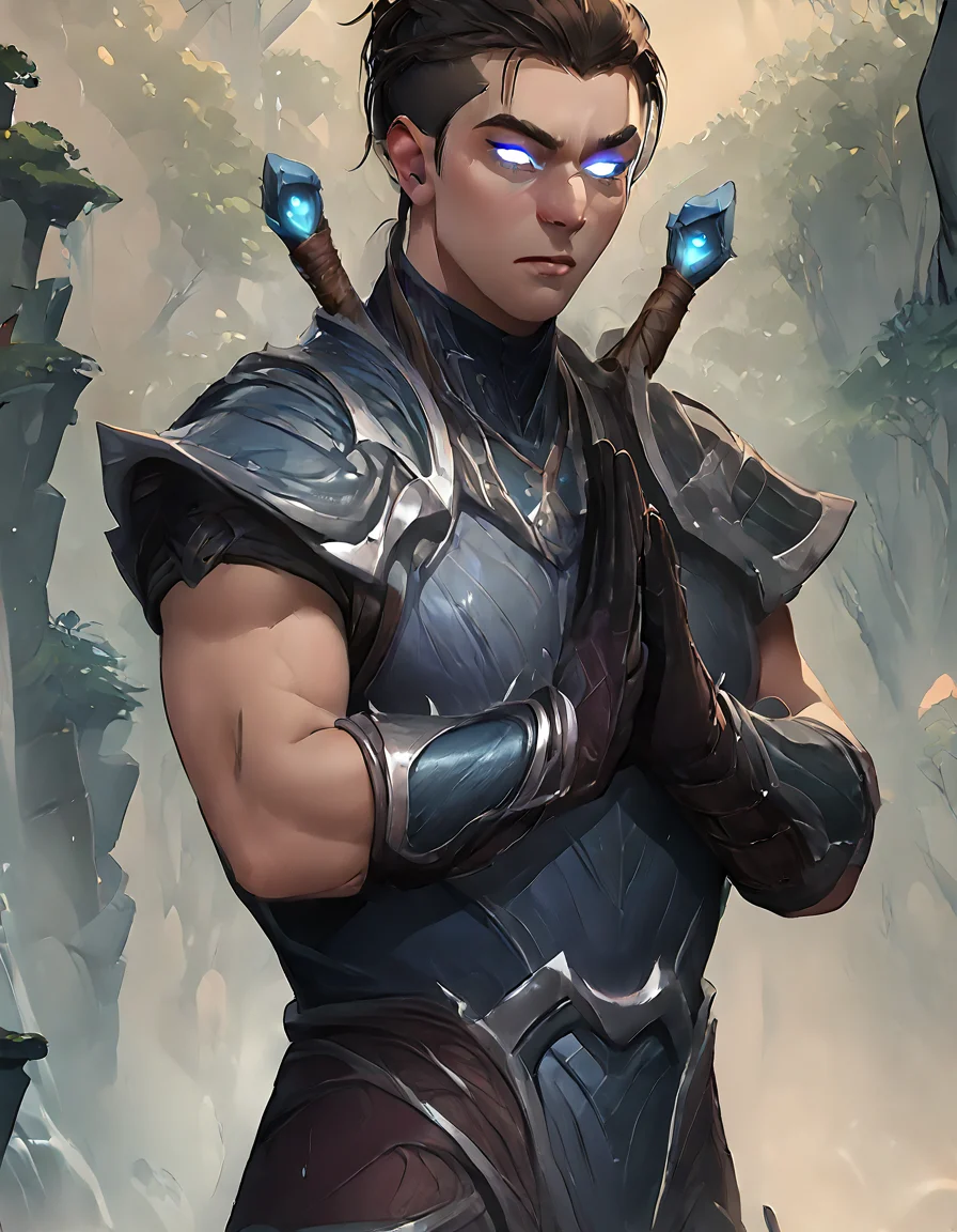 score_9, score_8_up, score_7_up, score_6_up, score_5_up, score_4_up, source_anime, Shen, standing, armor, glowing eyes, forest, hands together