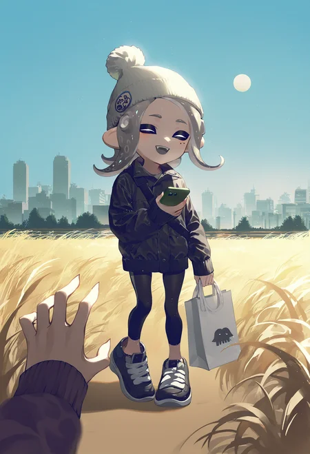 1girl, 1other, octoling girl, octoling player character, splatoon \(series\),
bag, beanie, black footwear, black jacket, black leggings, blue sky, city, closed eyes, day, dot nose, fangs, field, flipped hair, full body, full moon, grass, grey hair, hand up, hat, hikimayu, holding, holding bag, holding phone, horizon, jacket, leggings, long sleeves, medium hair, mole, mole under eye, moon, octoling, open mouth, out of frame, outdoors, phone, pointy ears, pov, shadow, shoes, shopping bag, shoulder bag, sidelocks, sky, skyline, smile, standing, tall grass, tentacle hair, wind, ._.,
.
best quality, very aesthetic, absurdres
<lora:fajyoborefornoob:0.95>