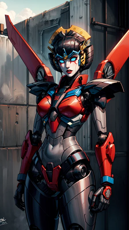 <lora:windblade:0.7> 1girl, solo, windblade, robot, mecha, glowing eyes, no_humans, autobot, wings,  <lora:add_detail:1>