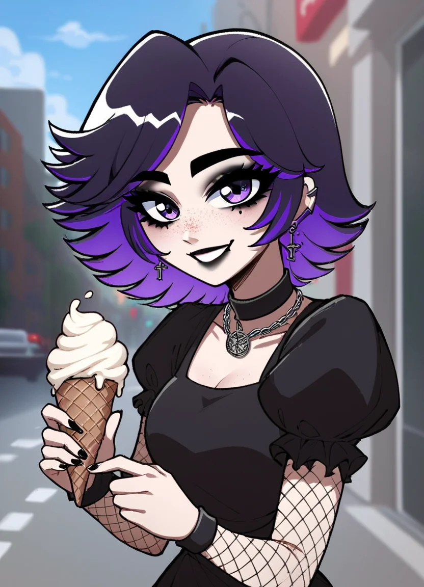 (masterpiece), (best quality), (ultra-detailed), score_9,score_8_up,score_7_up,score_6_up, source_cartoon, afs_ksusha, 1girl, , black eyeshadow, black eyebrows, black lipstick, black freckles around nose, cross earrings,detailed purple eyes, short spiky hair, bangs, dark purple hair, purple gradient hair color, multicolored hair, short sleeves, puffy sleeves, choker with pentagram necklace, casual dress, black nails, fishnets, happy, eating ice cream, pov, city streets, illustration, disheveled hair, detailed eyes, perfect composition, moist skin, intricate details, earrings, by wlop, score_9,score_8_up,score_7_up,score_6_up, source_cartoon, afs_ksusha, 1girl,, black eyeshadow, black eyebrows, black lipstick, black freckles around nose, cross earrings,detailed purple eyes, short spiky hair, bangs, dark purple hair, purple gradient hair color, multicolored hair, short sleeves, puffy sleeves, choker with pentagram necklace, casual dress, black nails, fishnets, happy, eating ice cream, pov, city streets, ambient light, highly detailed, sharp focus, intricate, very artistic, innocent, fine aesthetic, colors, cinematic, solid background, joyful, unique